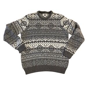 Joseph Abboud Sweater Large Fair Isle Knit Wool Blend Gray White EUC